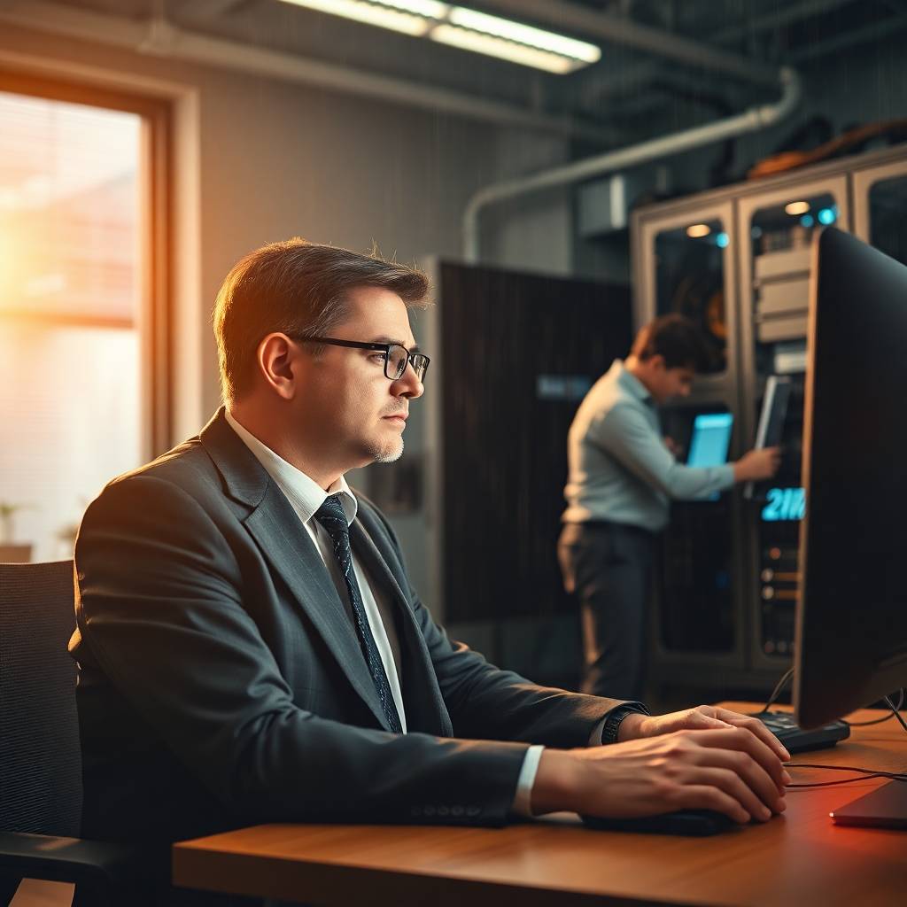 Professional office environment, businessperson stressed at computer displaying error message, technician working on IT equipment in background.